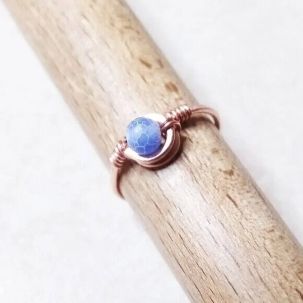 Slim! Dainty! Blue Agate Gemstone Ring + Durable Copper! Sz 5.5 - Custom Size OK